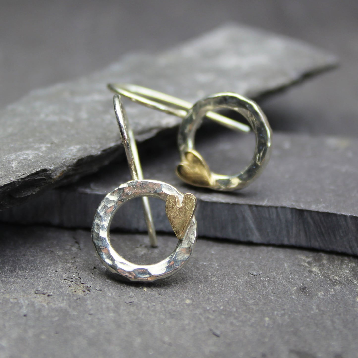HR13 Silver and 9ct gold hammered hearts hook earrings