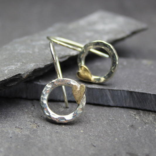 HR13 Silver and 9ct gold hammered hearts hook earrings